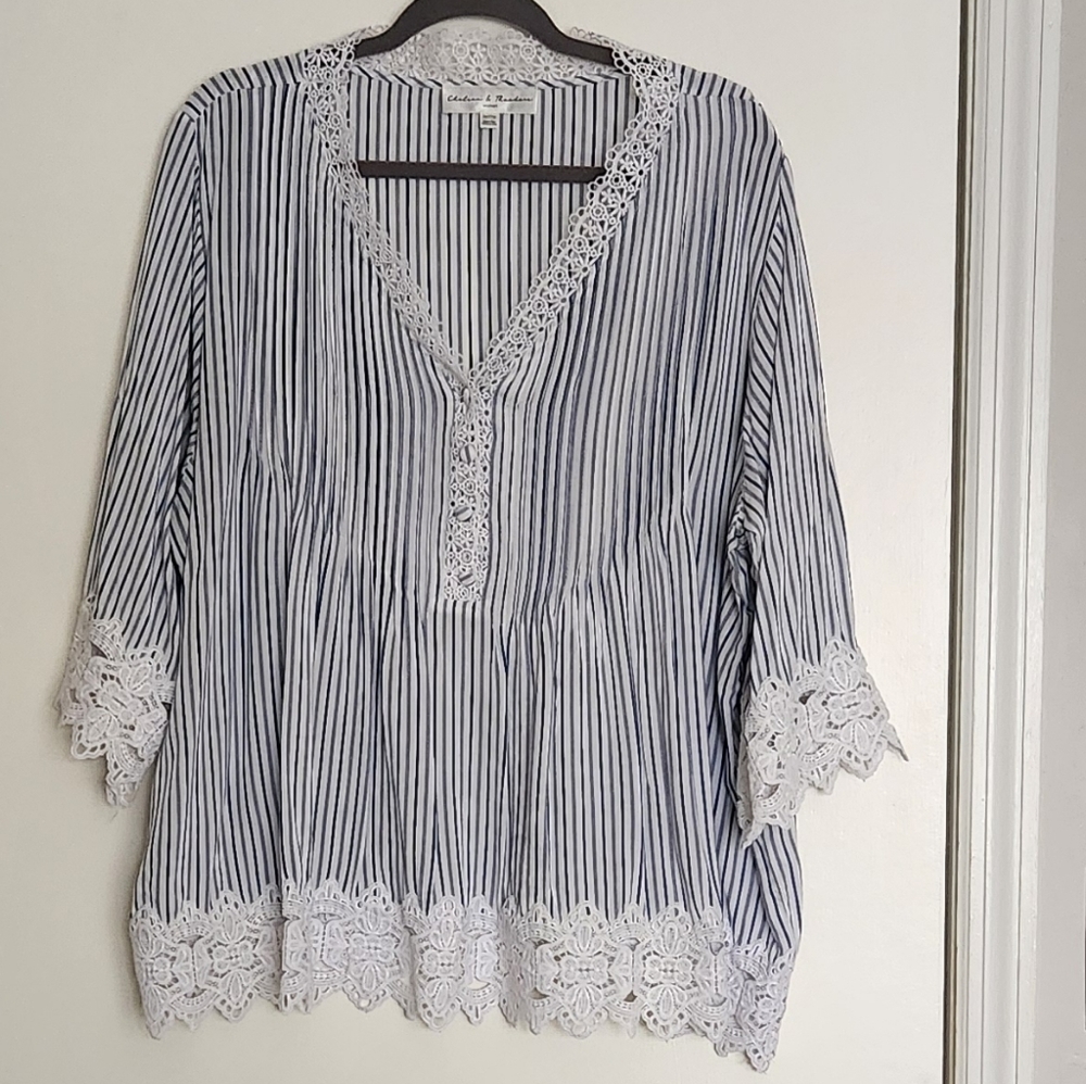 Chelsea & Theodore Plus Size 3/4 Sleeve Crochet Trim Woven Blouse